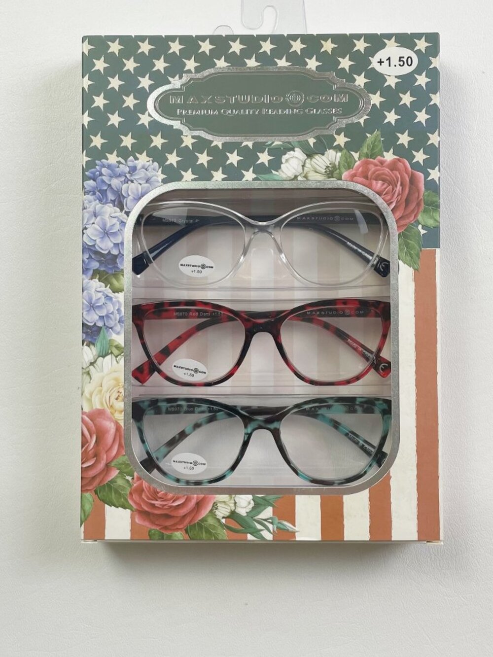 MaxStudio.com 3 Pack Reading Glasses +1.50 Clear Red Blue Tortoise New